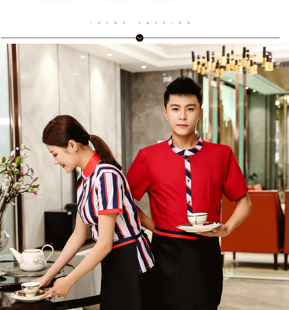 Comfortable three-dimensional wide color stripe waiter work clothes top + apron female model H19-wide color ribbon shirt female model