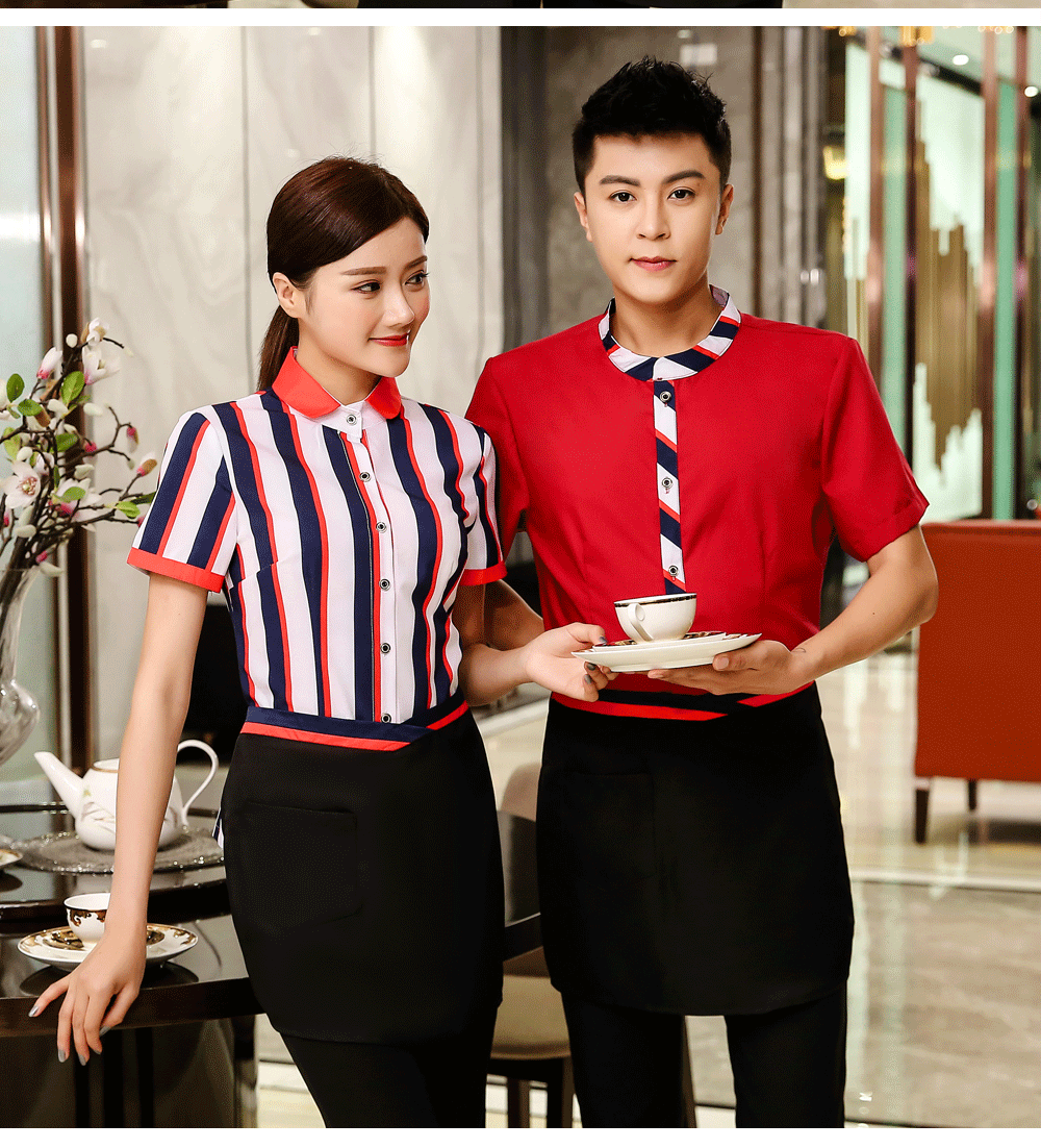 Comfortable three-dimensional wide color stripe waiter work clothes top + apron female model H19-wide color ribbon shirt female model