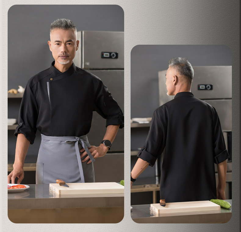 Gray edge snap button long sleeve chef uniform top H01-22102