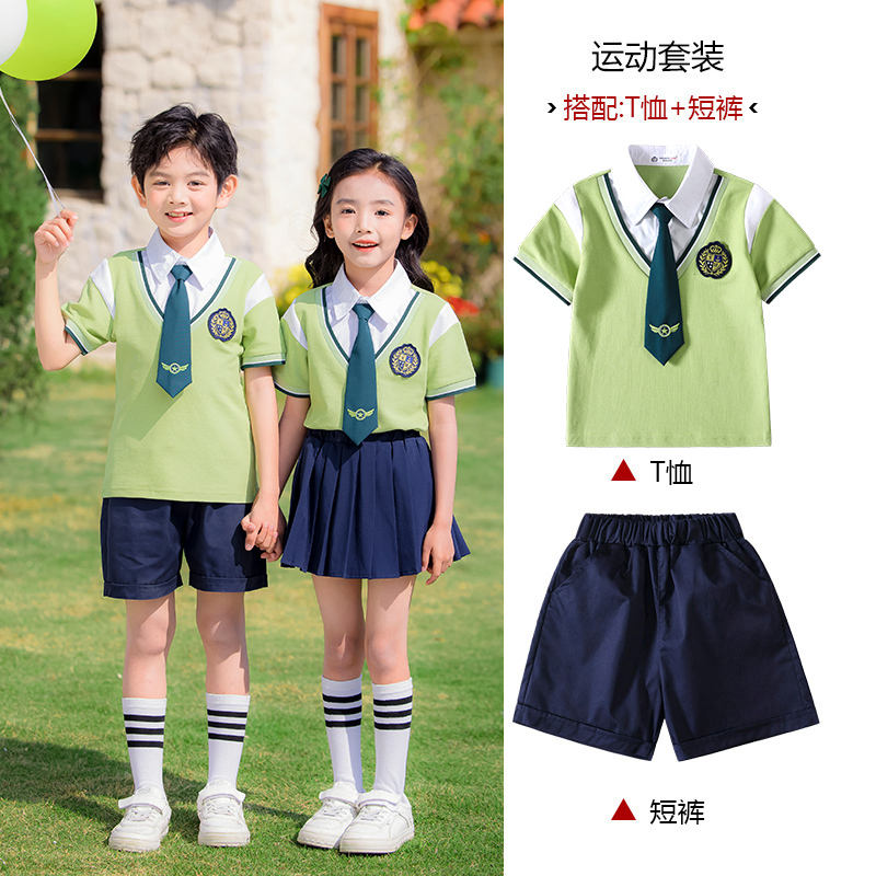 Durable and wear-resistant green color simple lapel summer sports school uniform suit 215-896