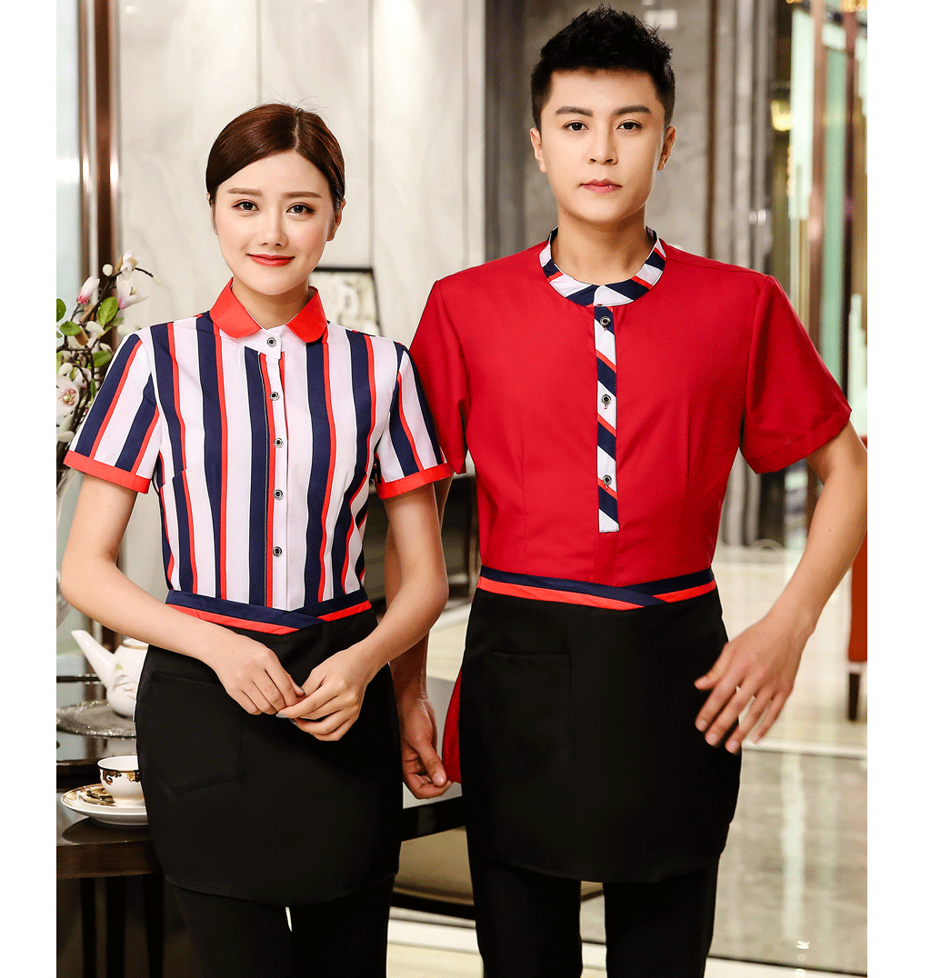 Comfortable three-dimensional wide color stripe waiter work clothes top + apron female model H19-wide color ribbon shirt female model