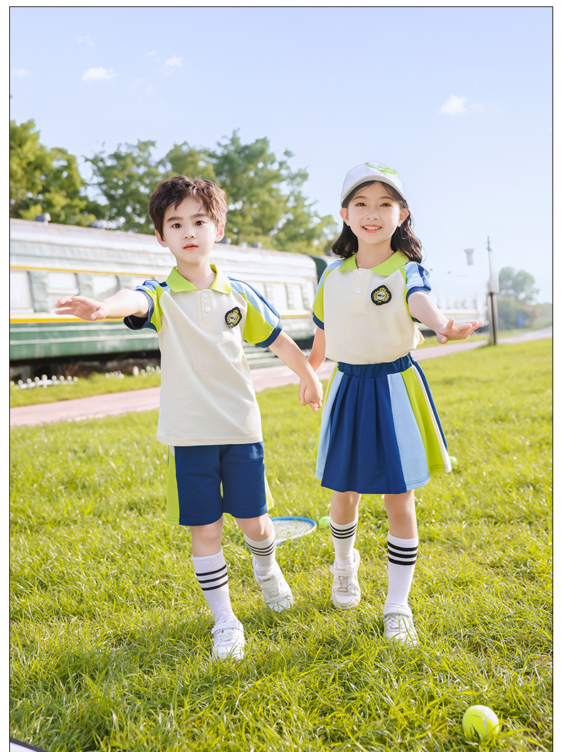 Beige color matching sports style primary and secondary school students school uniform short-sleeved suit 209-XK2306