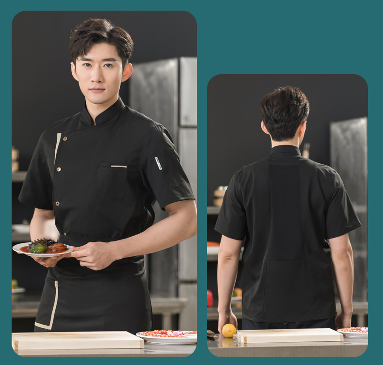 Super soft khaki color restaurant hotel chef uniform short-sleeved tops universal style H01-23010