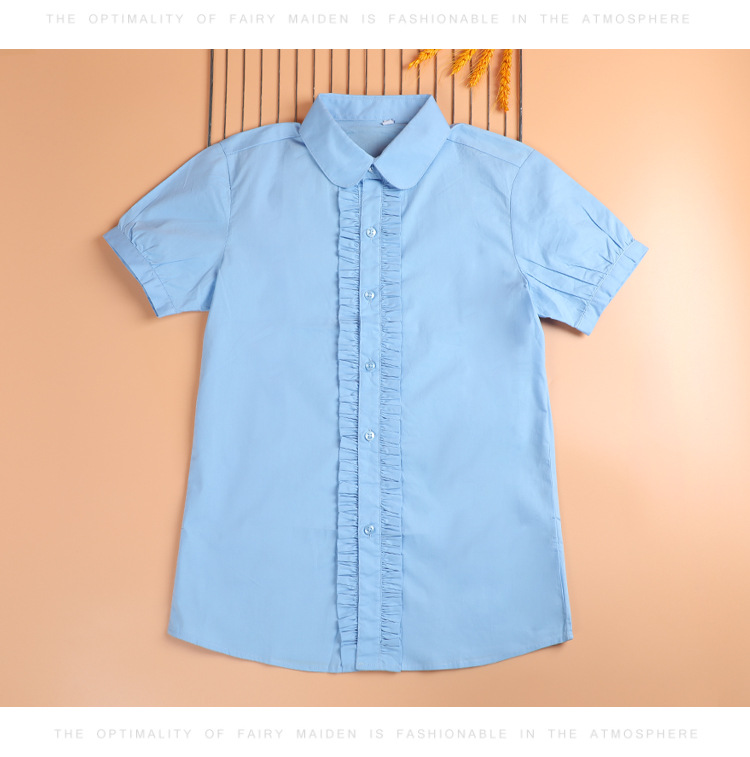 Girls Lace Placket Shirt Short Sleeve White Cotton Sky Blue Top G08-NT007