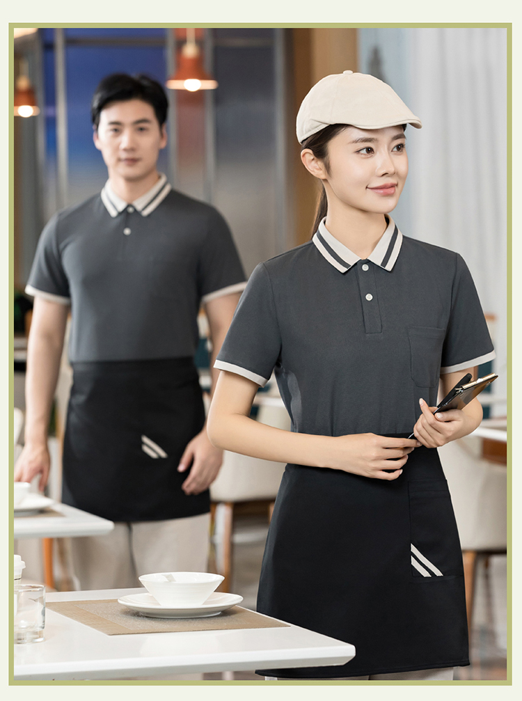 Waffle fabric color matching collar and stripe waiter short-sleeved T-shirt work clothes H01-2024-02