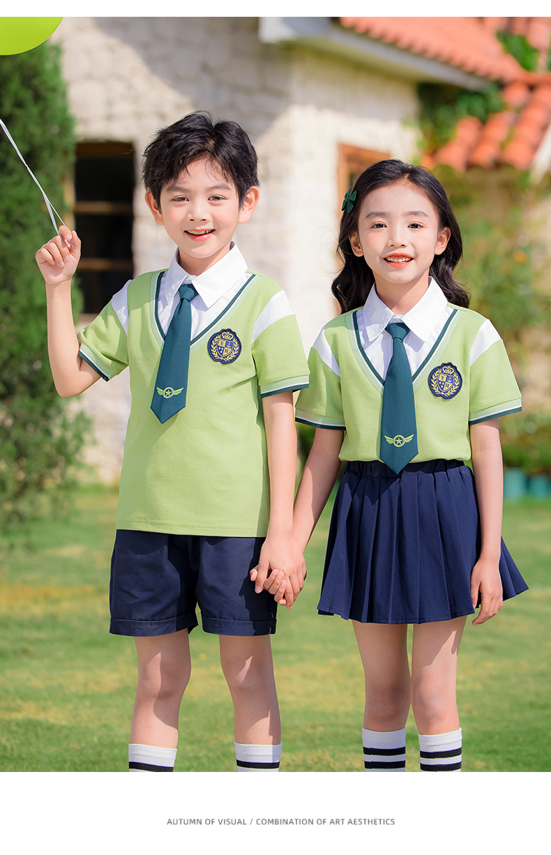 Durable and wear-resistant green color simple lapel summer sports school uniform suit 215-896