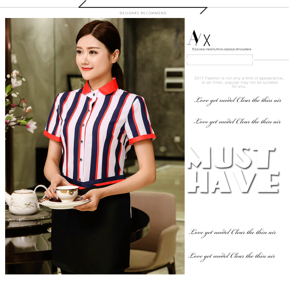 Comfortable three-dimensional wide color stripe waiter work clothes top + apron female model H19-wide color ribbon shirt female model