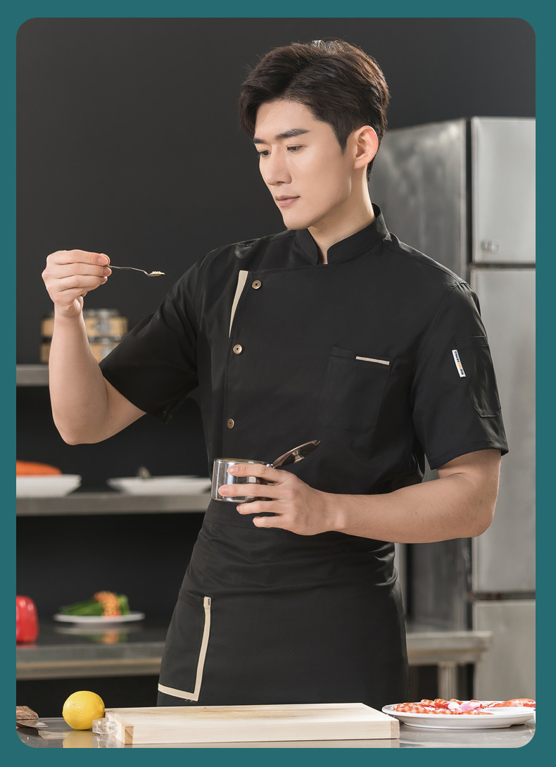 Super soft khaki color restaurant hotel chef uniform short-sleeved tops universal style H01-23010