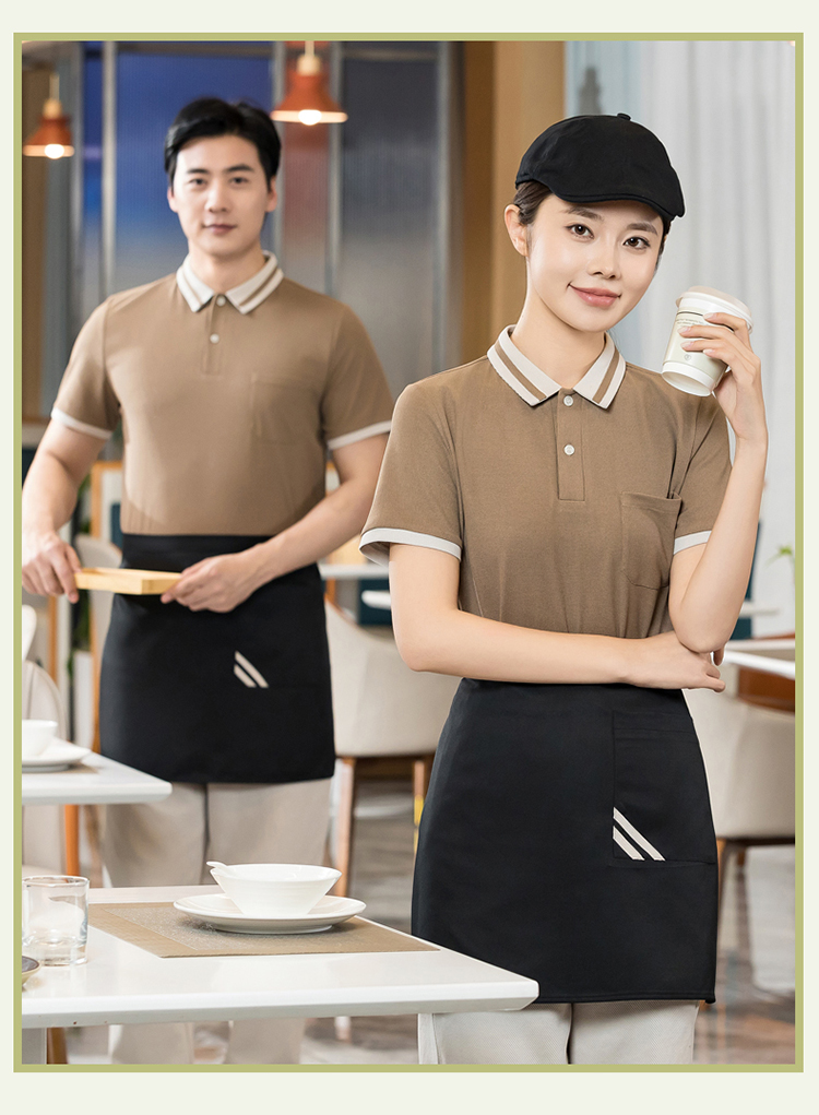 Waffle fabric color matching collar and stripe waiter short-sleeved T-shirt work clothes H01-2024-02