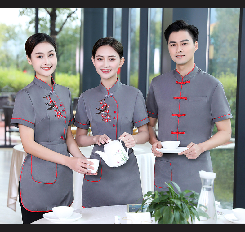 Crisp and stylish plum blossom hotel service staff top + apron men style H19-plum blossom men style