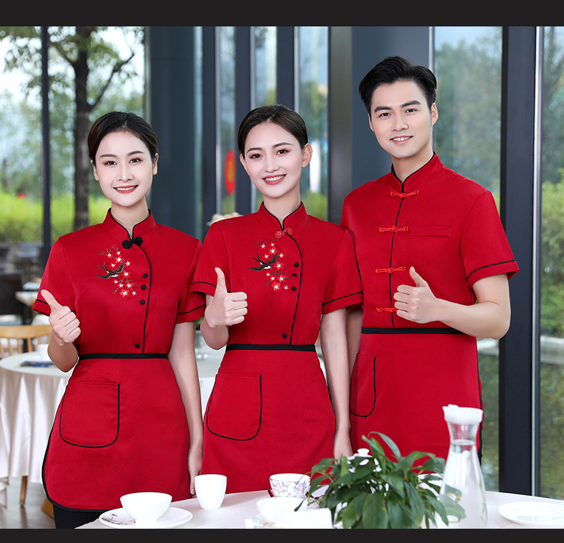 Crisp and stylish plum blossom hotel service staff top + apron men style H19-plum blossom men style