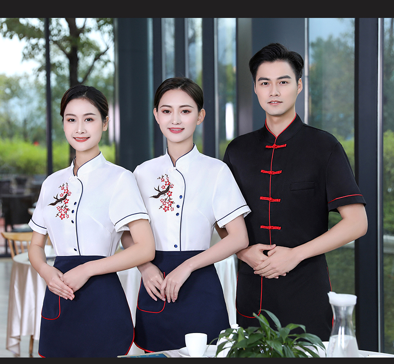 Crisp and stylish plum blossom hotel service staff top + apron men style H19-plum blossom men style