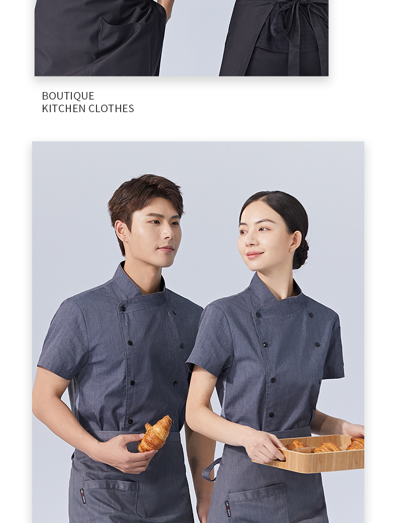 Polyester cotton restaurant double breasted stand collar short sleeve chef uniform top H15-HX307