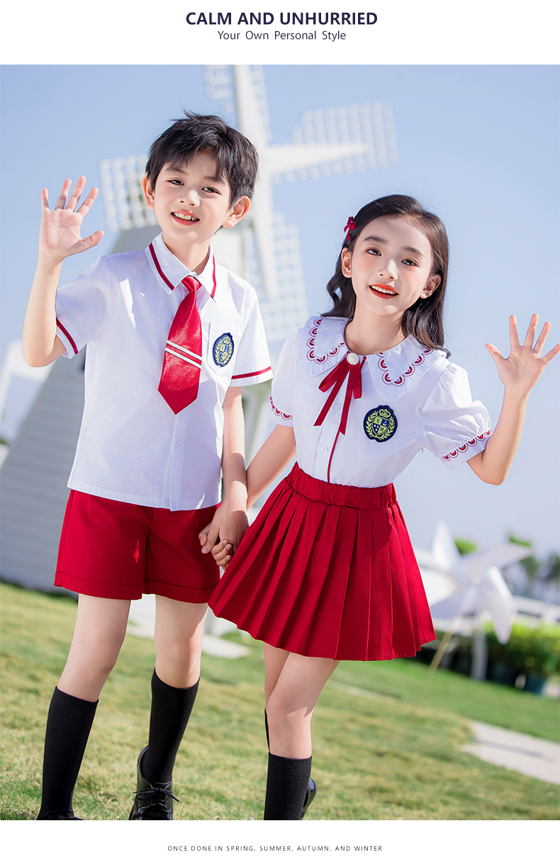 Wear-resistant and durable red and white British style school uniform suit 215-885