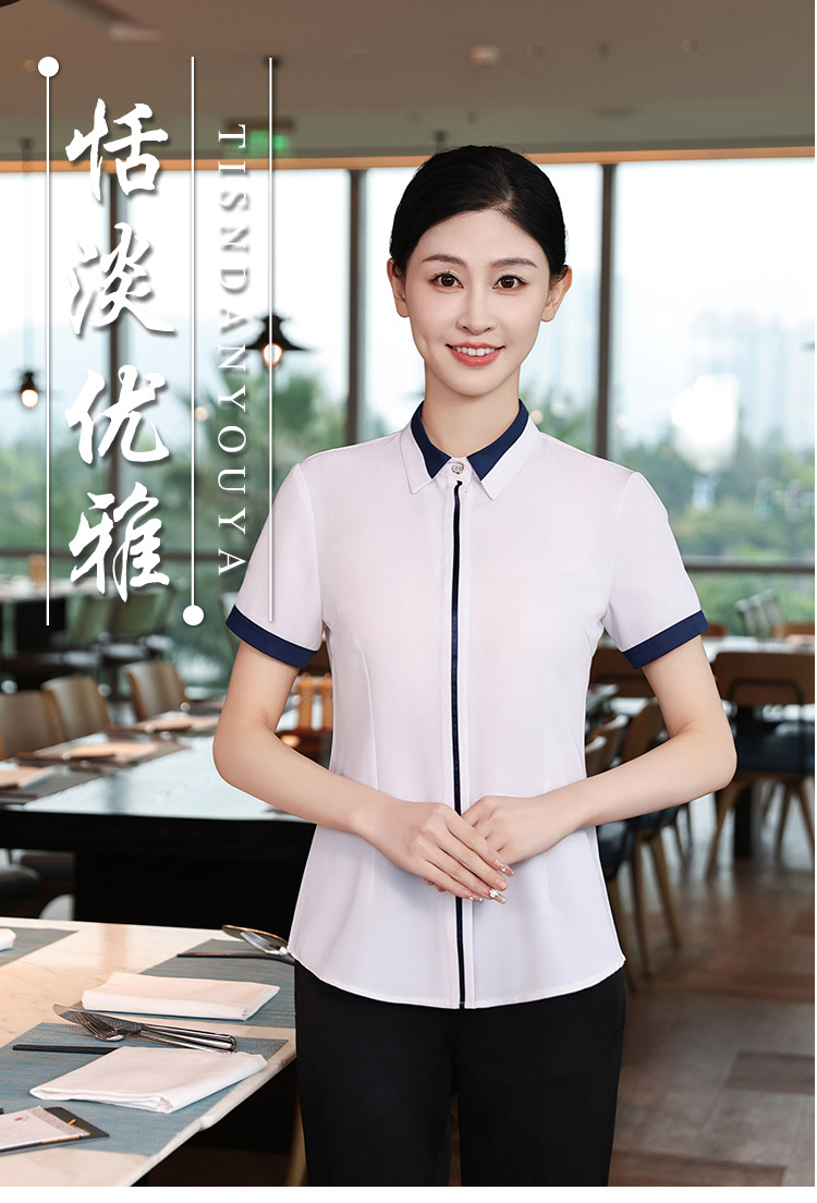 Placket ribbon Chinese style western restaurant workwear short-sleeved shirt HD3-D24120 female