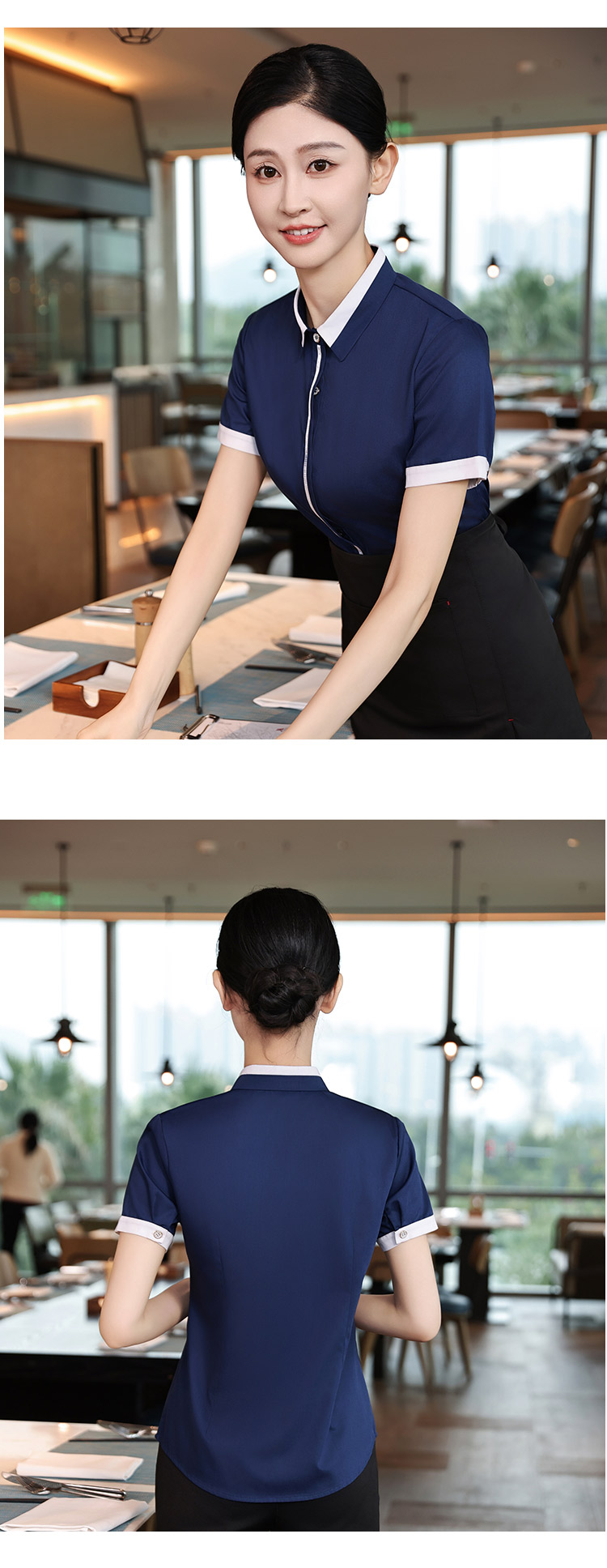 Placket ribbon Chinese style western restaurant workwear short-sleeved shirt HD3-D24120 female