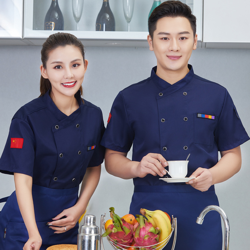 Double-breasted cross-collar restaurant short-sleeved chef uniform B05-2021 short-sleeved