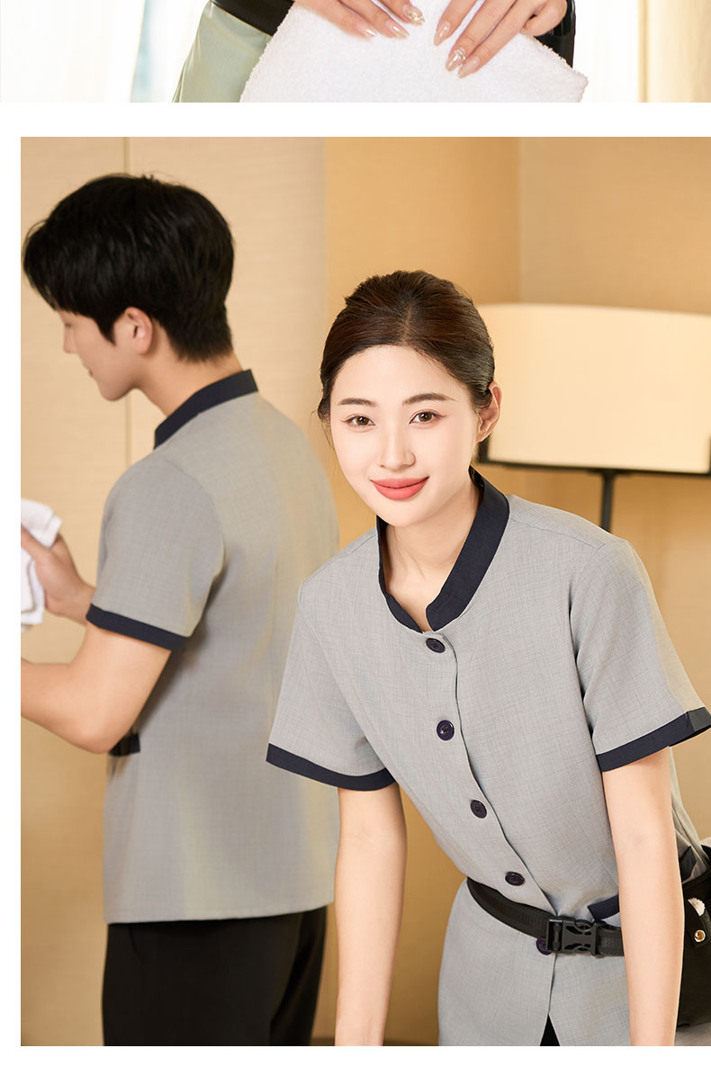 Acetate linen short-sleeved stand-up collar property cleaning clothes H20-D24-8058