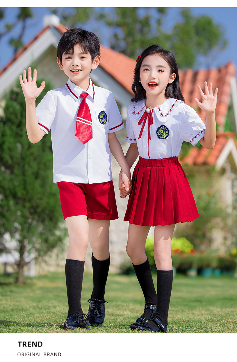 Wear-resistant and durable red and white British style school uniform suit 215-885