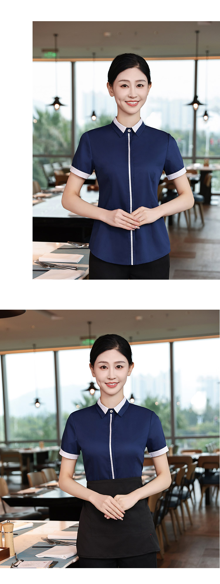 Placket ribbon Chinese style western restaurant workwear short-sleeved shirt HD3-D24120 female