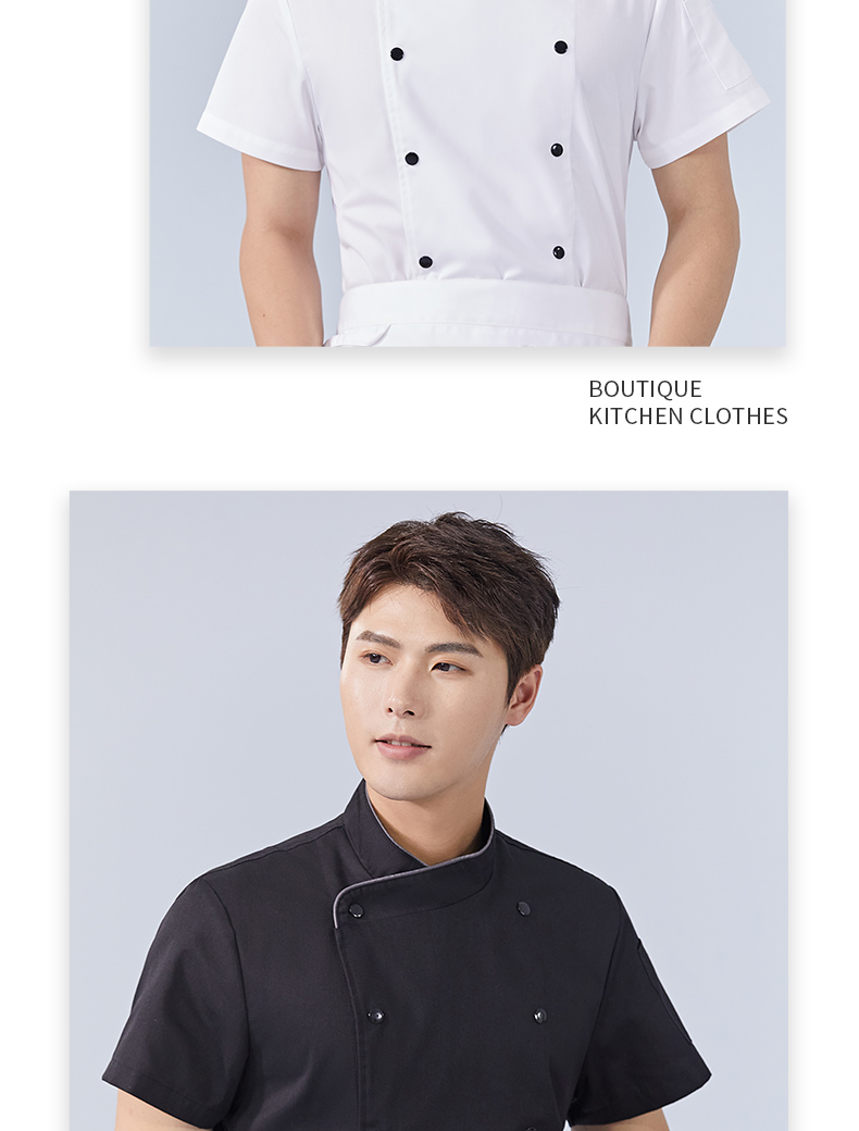 Polyester cotton restaurant double breasted stand collar short sleeve chef uniform top H15-HX307