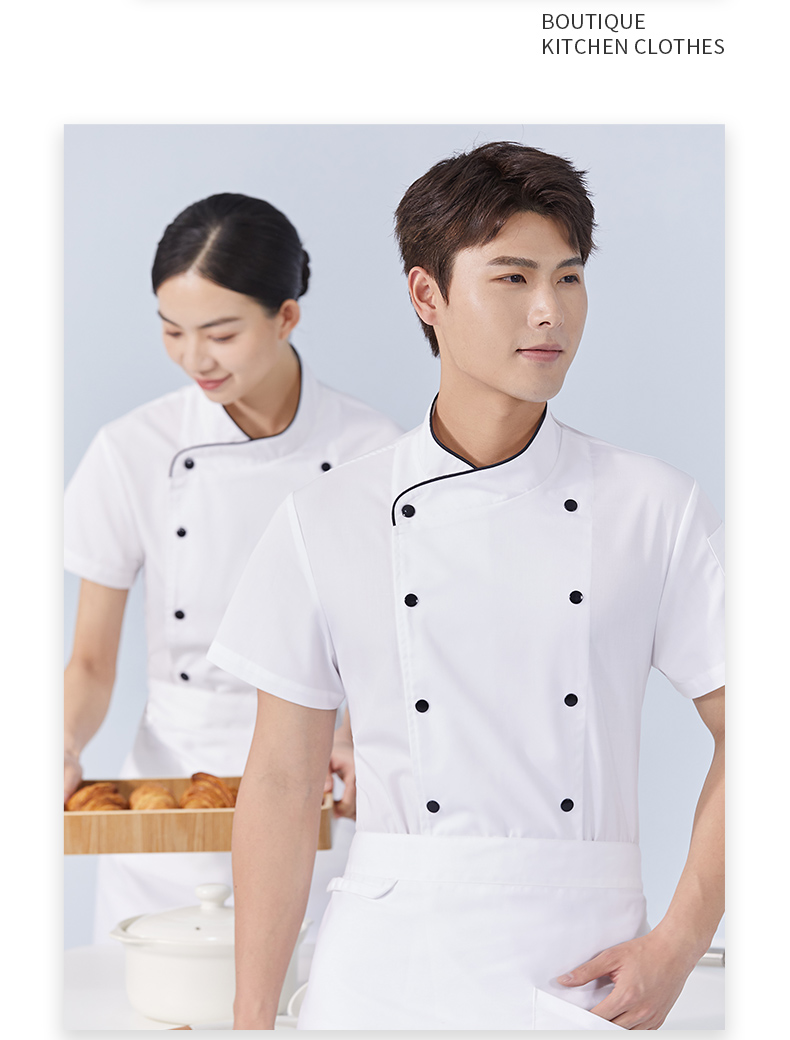 Polyester cotton restaurant double breasted stand collar short sleeve chef uniform top H15-HX307