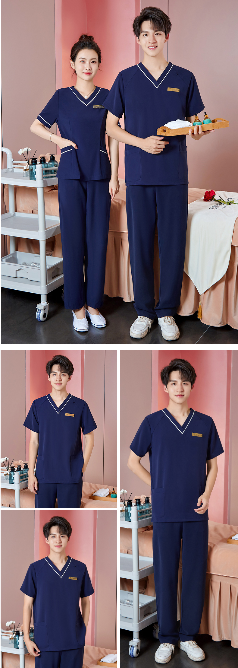 Beauty technician short-sleeved V-neck temperament work clothes suit DM2-22303 men