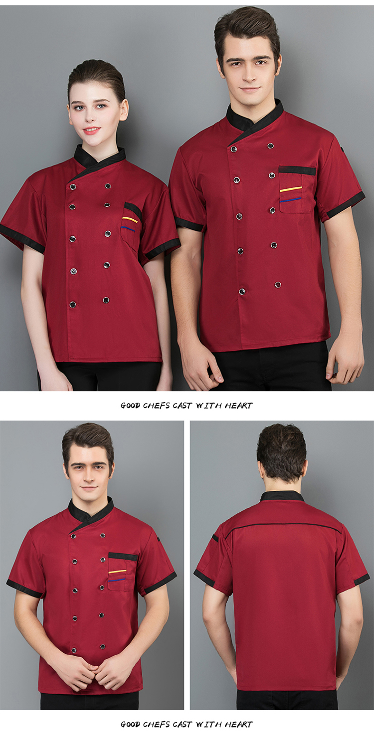 Slant collar and two-bar short-sleeved chef uniform top H02-20F136-138