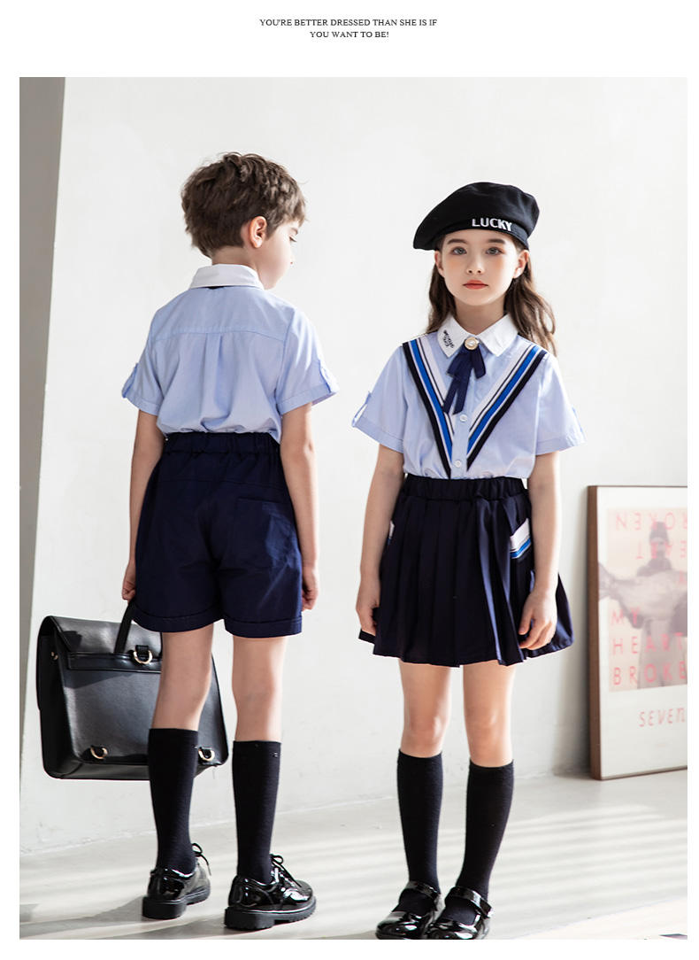 Casual college British style summer primary and secondary school students short-sleeved shirt school uniform suit two-piece suit 215-820 (including badge, bow tie)