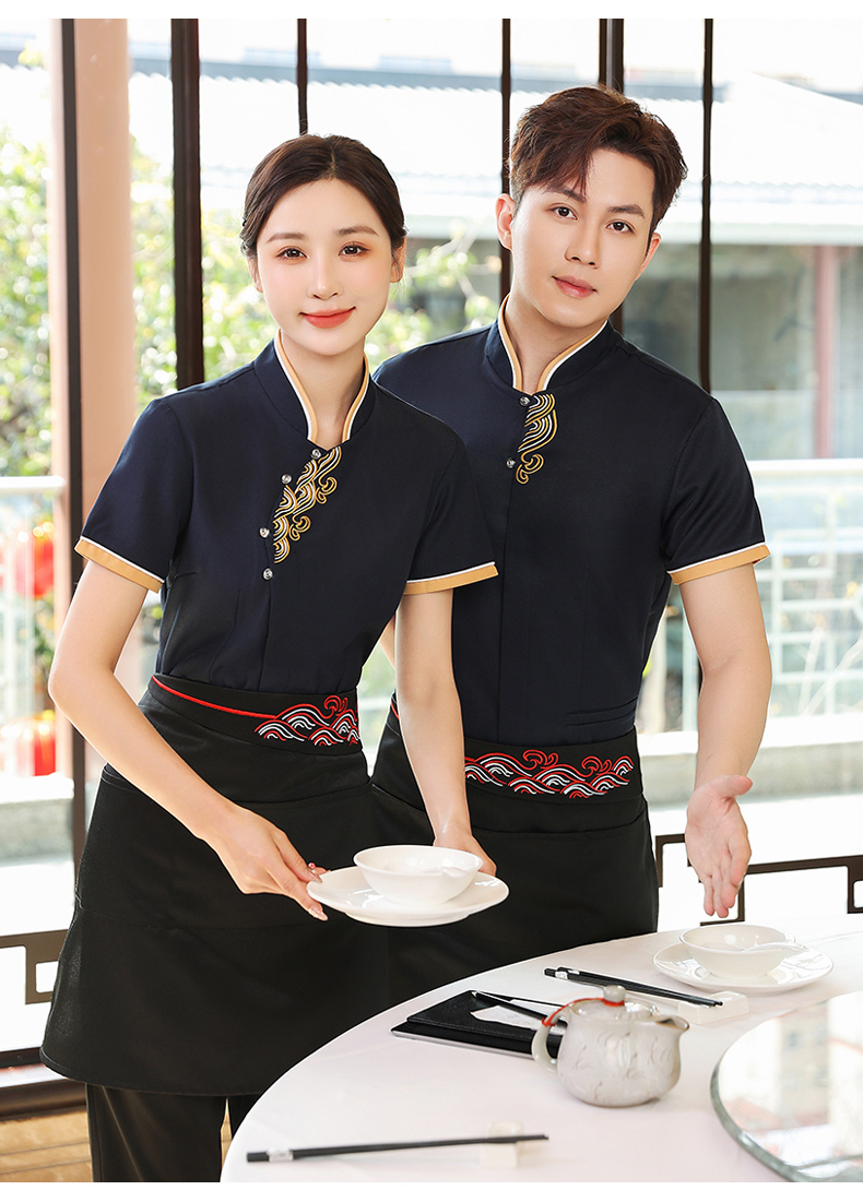 Colorful Xiangyun Hotel Restaurant Waiter Work Clothes Short Sleeve Top + Apron H19-Colorful Xiangyun Women