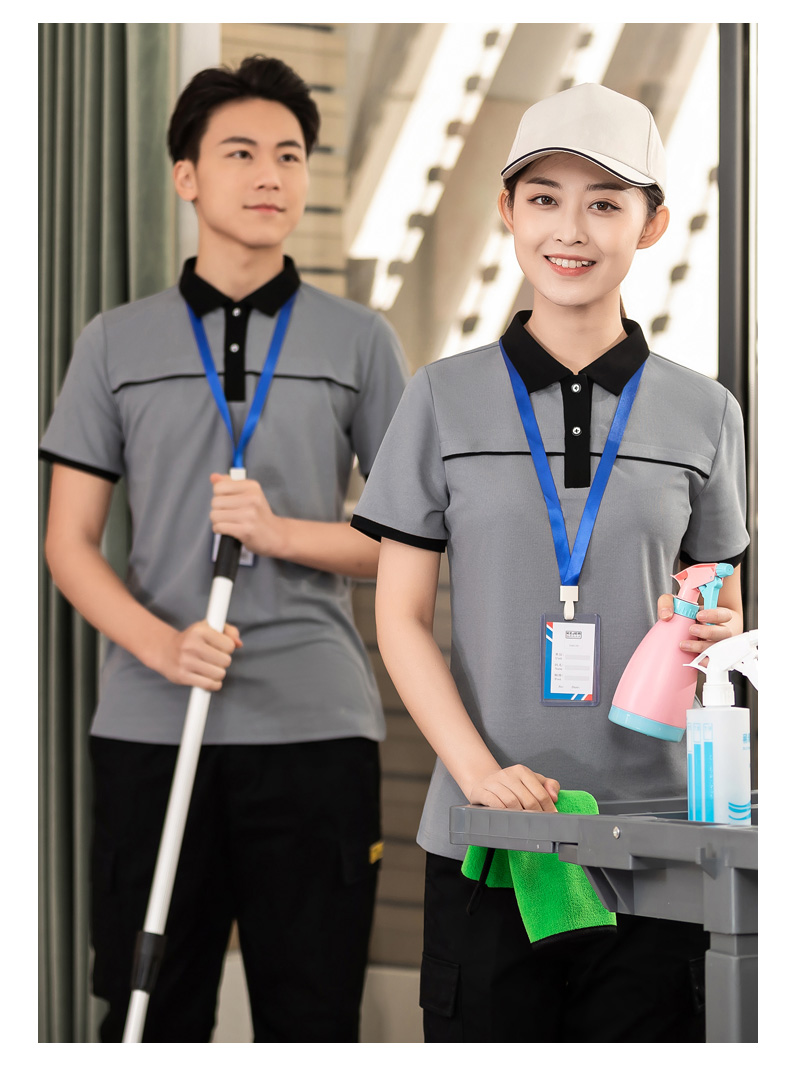 Collar and striped T-shirts for housekeeping, hotels, shopping malls, cleaning clothes, short-sleeved tops, general style H01-2023-11