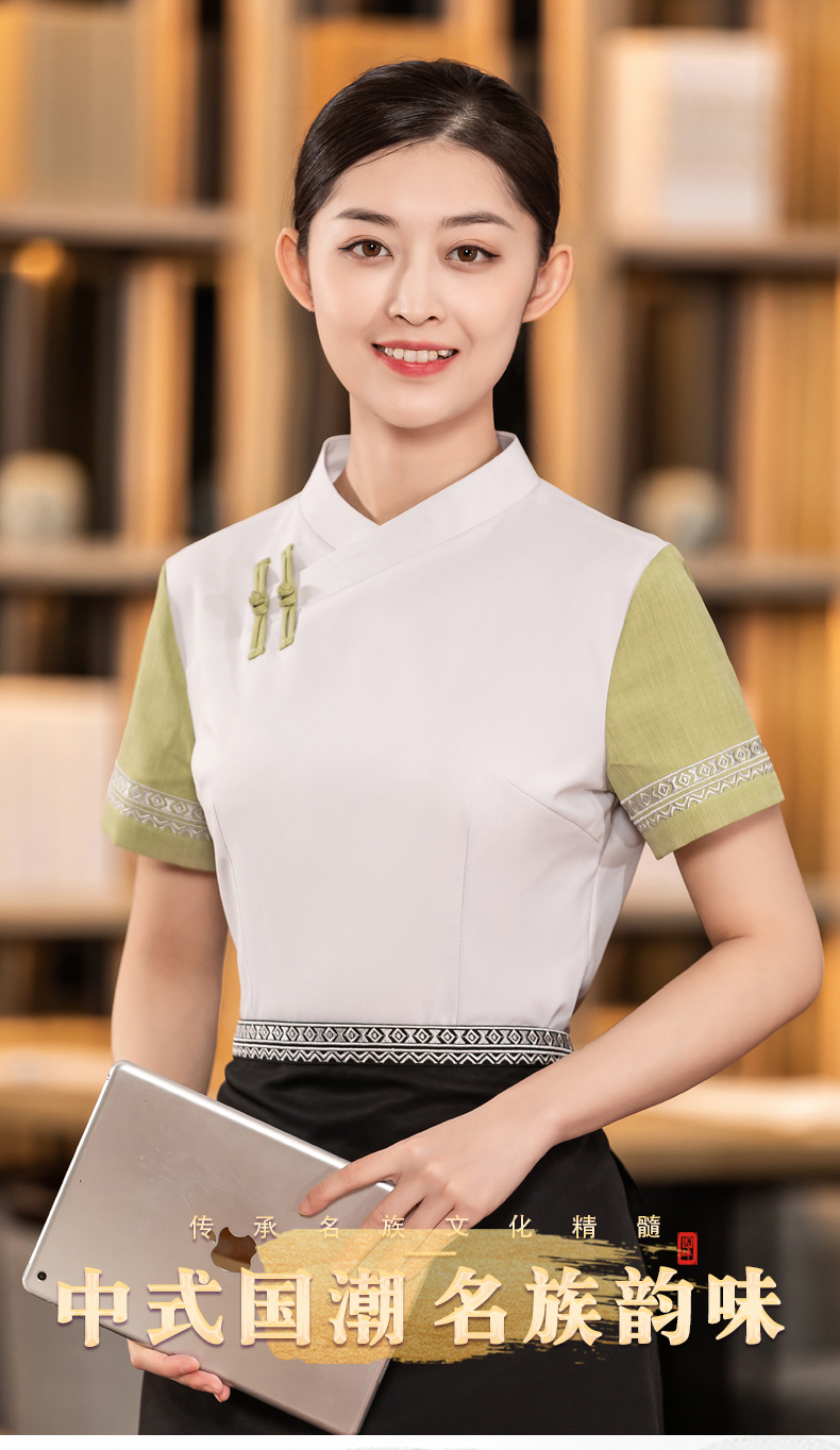 Chinese restaurant waiter work clothes short-sleeved top + apron H01-2023-07 men double cloth button tea restaurant Chinese restaurant waiter work clothes short-sleeved top + apron H01-2023-07 men