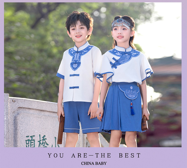 Comfortable and soft white and blue Chinese style school uniform suit 894-2429