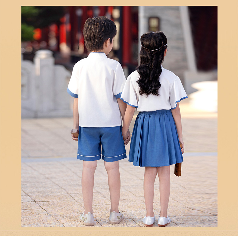 Comfortable and soft white and blue Chinese style school uniform suit 894-2429