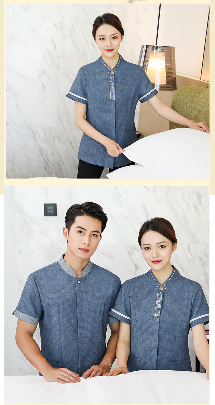 Cotton and linen collar embroidery hotel room half-sleeved cleaning clothes top H14-8819-8825