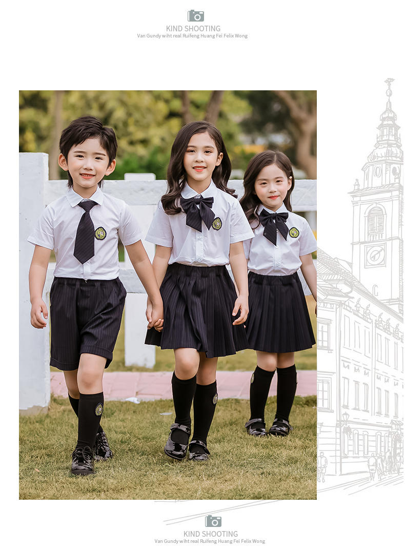 Primary and secondary school students summer college style short-sleeved shirt school uniform suit two-piece set 168-612 (including badge)