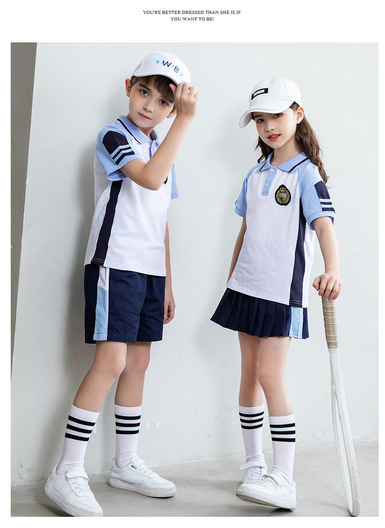 Summer college sports style primary and secondary school students short-sleeved school uniform suit two-piece suit 215-808 (including badge)