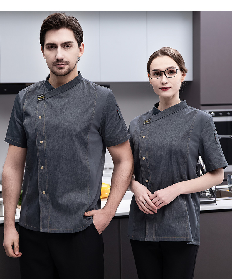 Full process polyester cotton short sleeve chef uniform top H03-black marked line