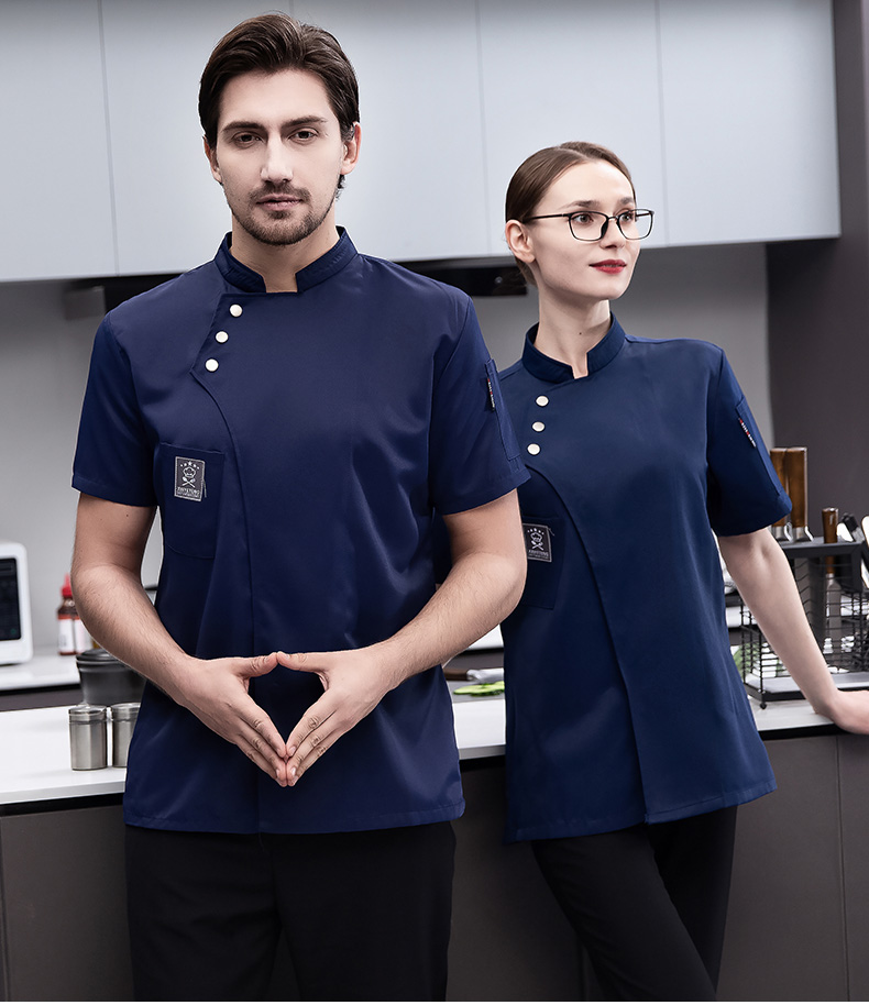 Full-process polyester-cotton short-sleeved chef uniform top H03-oblique three buttons