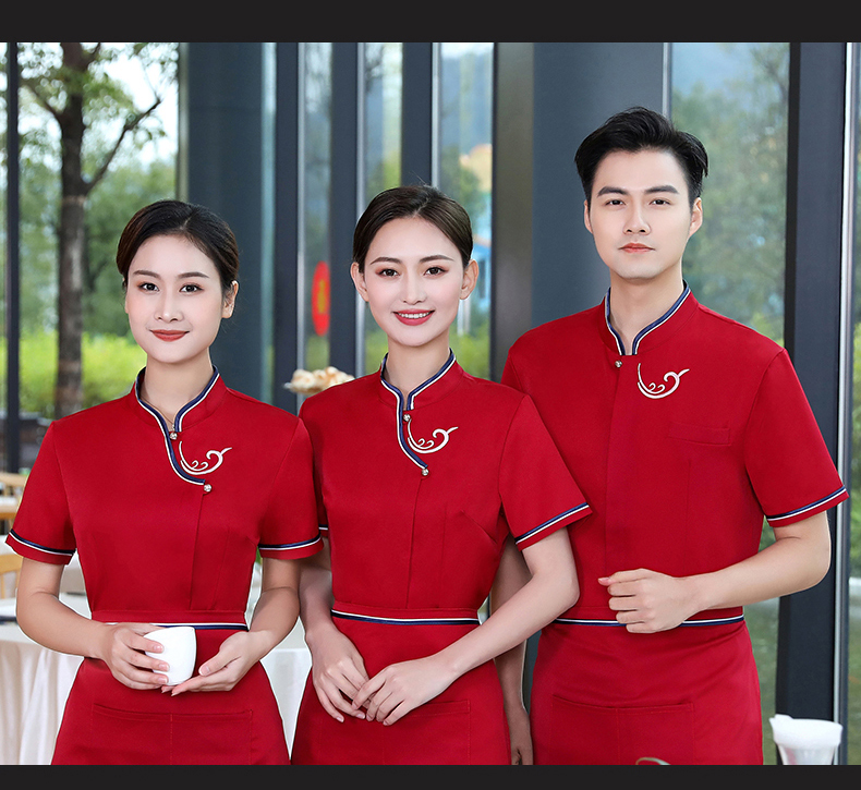 Embroidered Xiangyun Hotel Waiter Work Clothes Short Sleeve Top + Apron H19-Embroidered Xiangyun Women