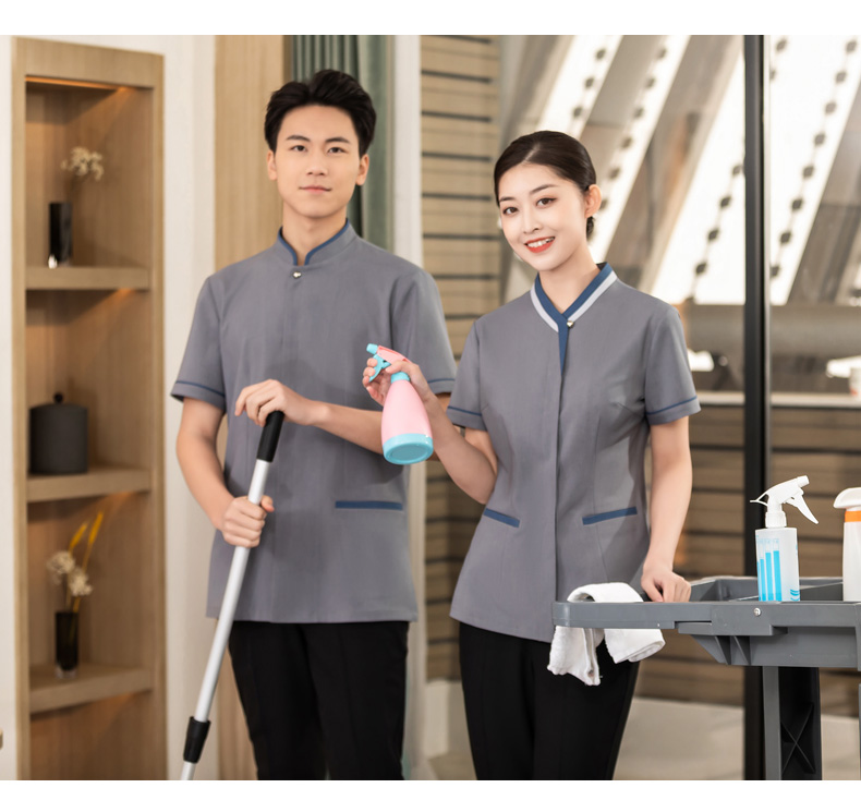 Triangle color matching collar housekeeping hotel shopping mall cleaning clothes short-sleeved top H01-2023-09 female