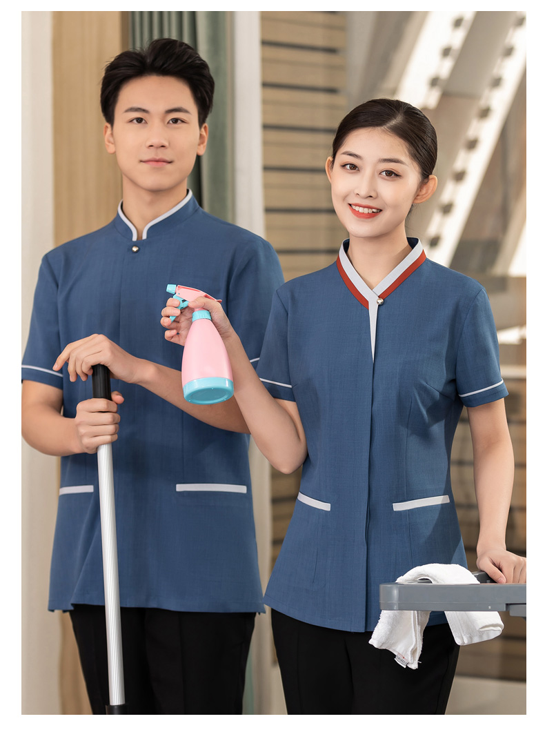 Triangle color matching collar housekeeping hotel shopping mall cleaning clothes short-sleeved top H01-2023-09 female