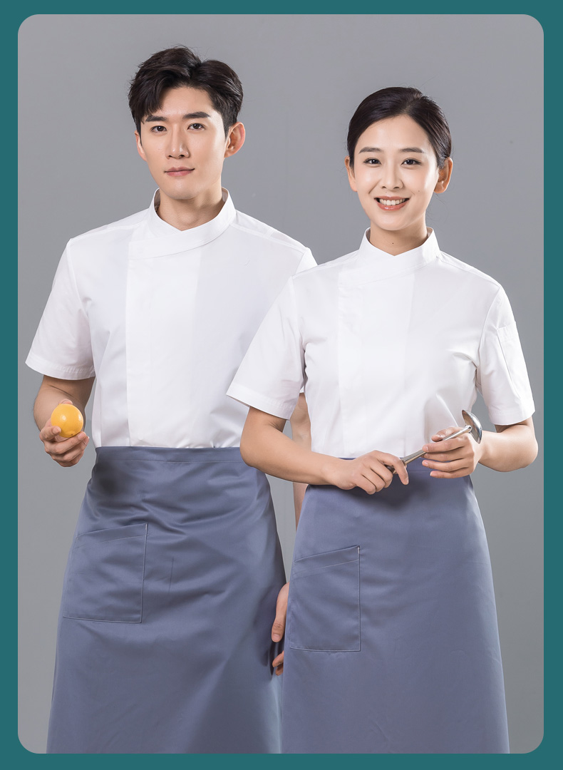 Slant collar dark placket restaurant hotel chef uniform short-sleeved tops universal style H01-2023-15