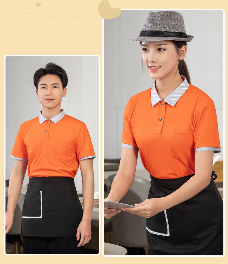 Striped collar T-shirt tea restaurant Chinese restaurant waiter work clothes short-sleeved top + apron universal style H01-2023-02