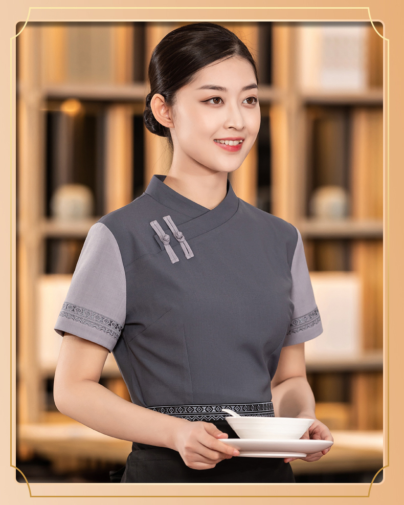 Chinese restaurant waiter work clothes short-sleeved top + apron H01-2023-07 men double cloth button tea restaurant Chinese restaurant waiter work clothes short-sleeved top + apron H01-2023-07 men