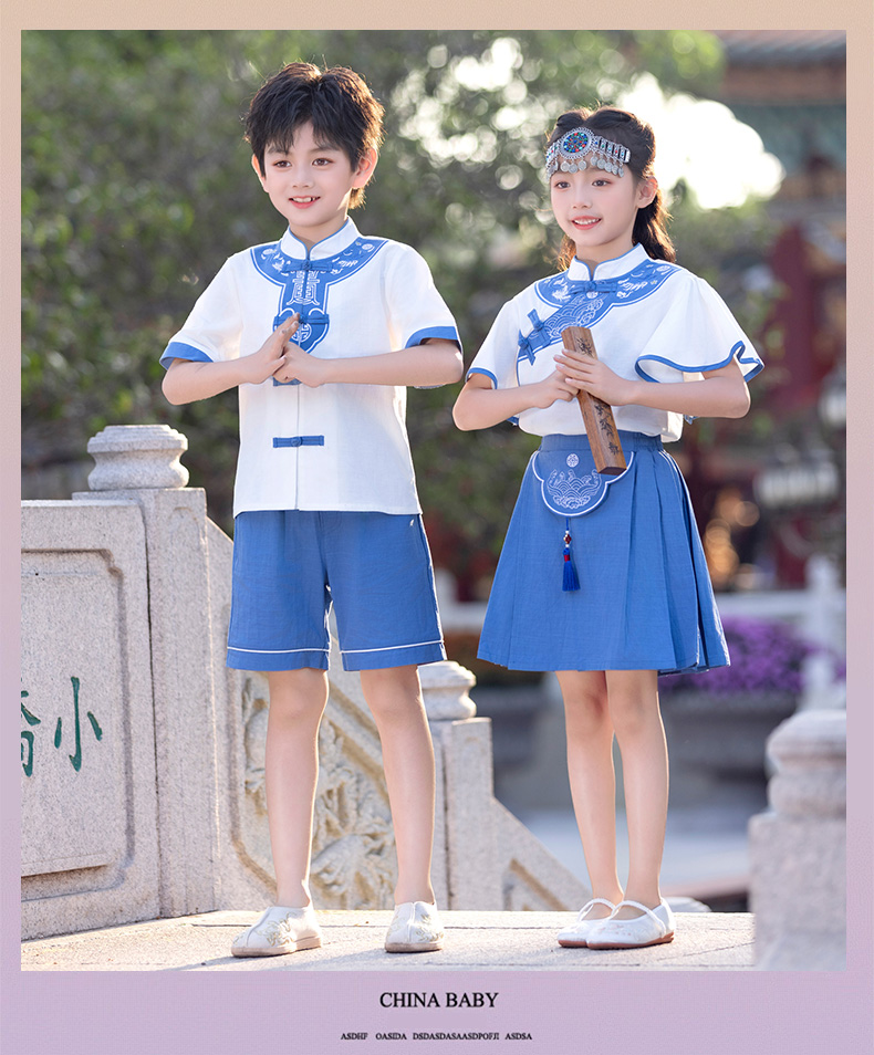 Comfortable and soft white and blue Chinese style school uniform suit 894-2429