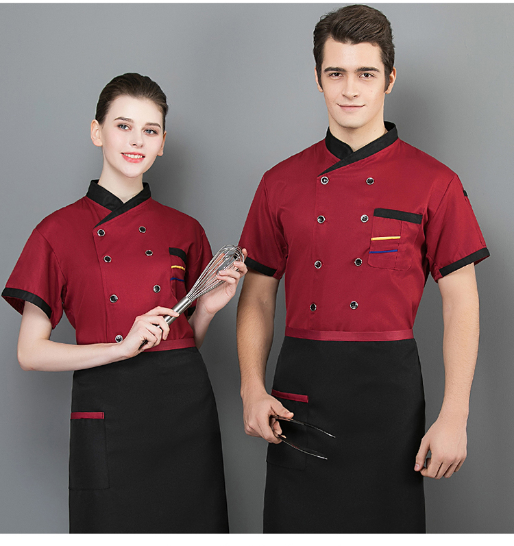 Slant collar and two-bar short-sleeved chef uniform top H02-20F136-138