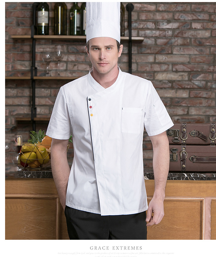 Thin fine cotton three-color button short-sleeved chef uniform top H02-20148-151