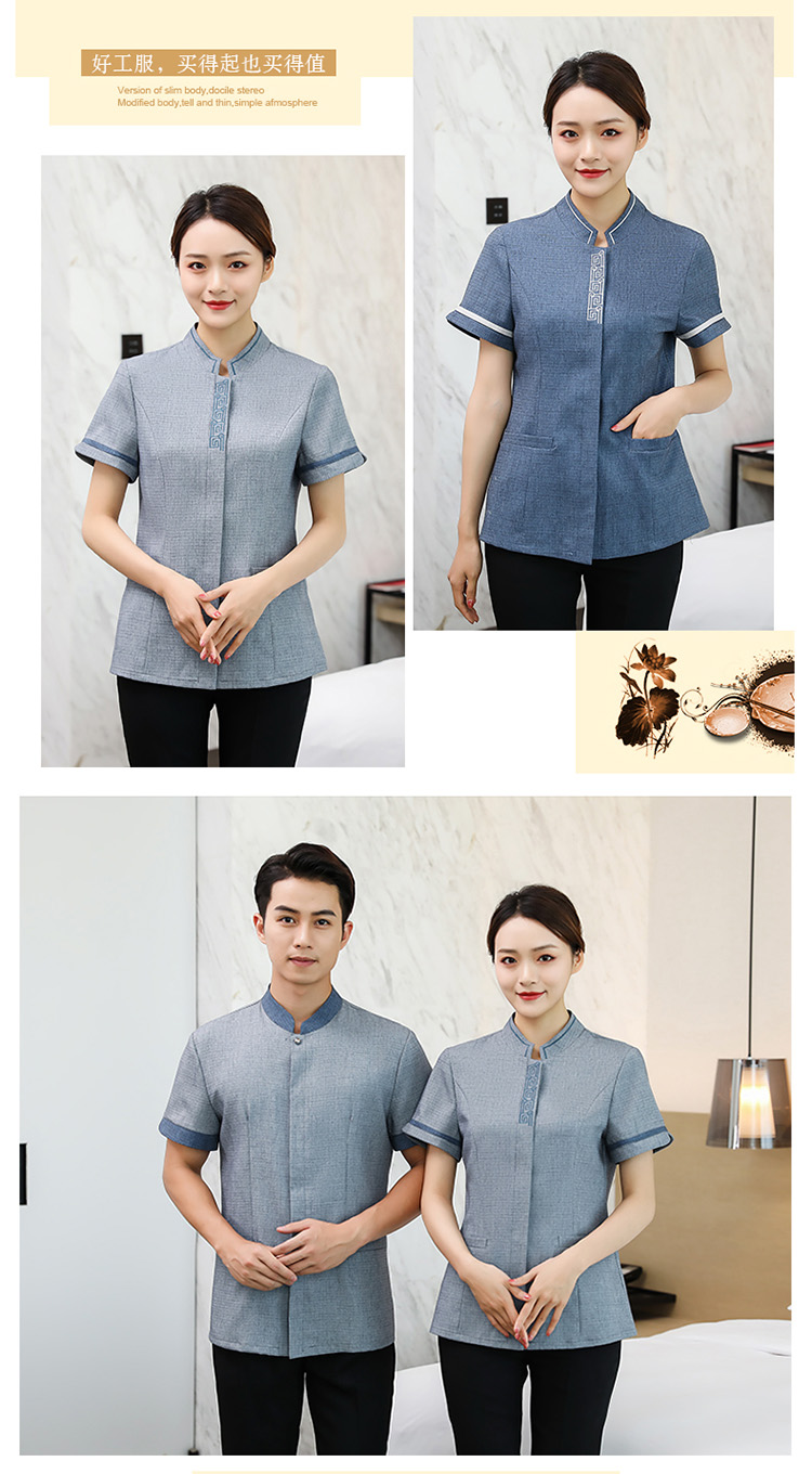 Cotton and linen collar embroidery hotel room half-sleeved cleaning clothes top H14-8819-8825