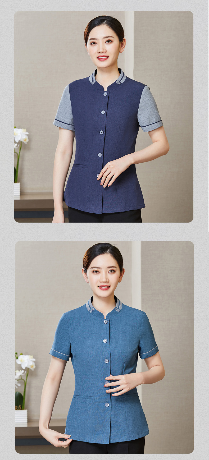 Jiege linen color matching collar embroidered short-sleeved cleaning clothes top for women H01-2021-10